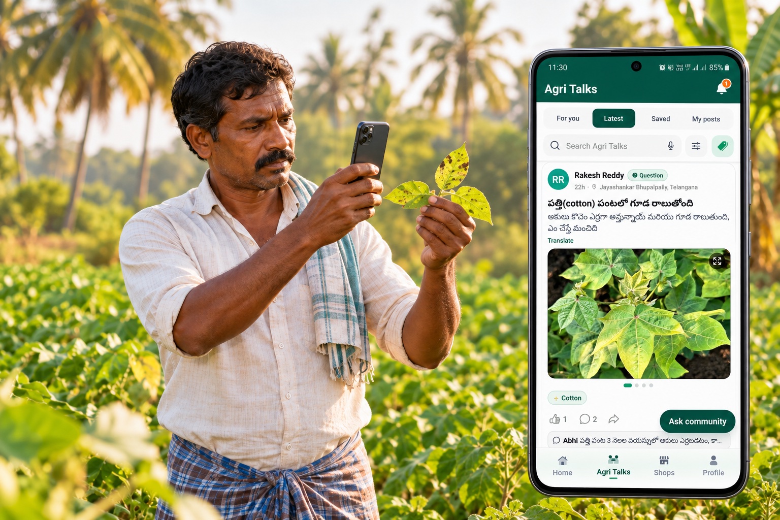 A South Indian farmer photographing a cotton leaf to ask the AgriTalks community about a crop disease