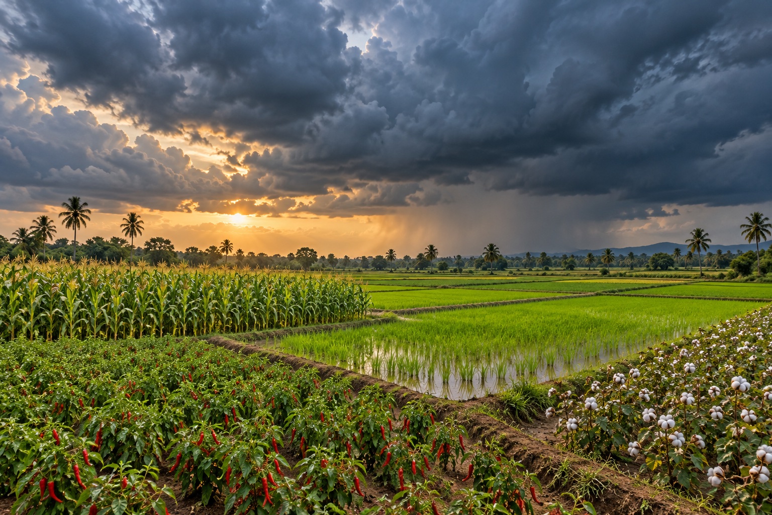 South Indian farmland with maize, chilli, paddy and cotton fields under a dramatic monsoon sky